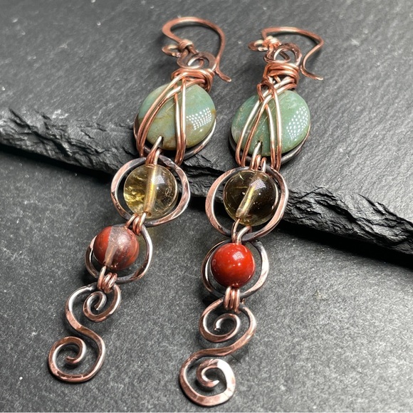 Handcrafted Hammered Copper With Agate and Citrine Gemtone Earrings - Picture 10 of 13